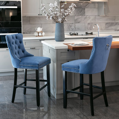 Contemporary Velvet Upholstered Barstools With Button Tufted Decoration And Wooden Legs, And Chrome Nailhead Trim, Leisure Style Bar Chairs,Bar Stools, Set Of 2 (Blue),SW2002BL