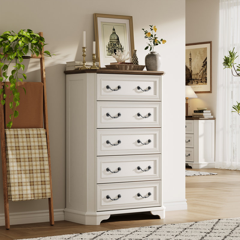 48" Tall Farmhouse 5-Drawer Storage Dresser for Bedroom, White