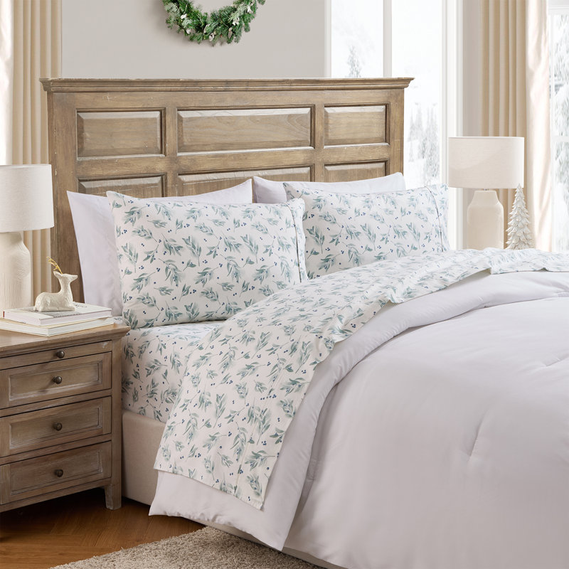 Ensemble de draps en flanelle de coton Hallmark Leafage, Ensemble de draps pour grand lit avec 2 taies déc