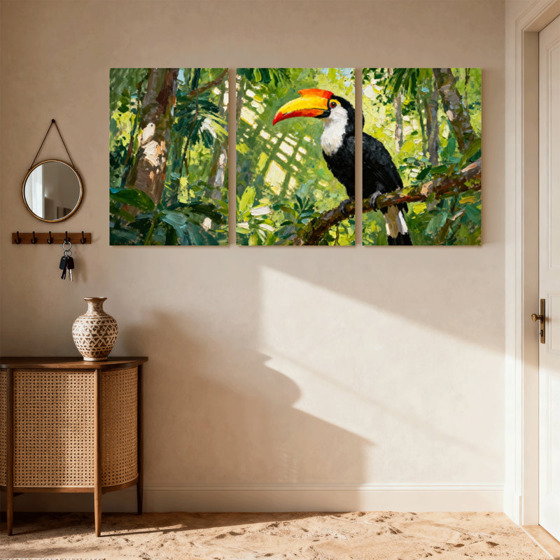Oiseaux toucans perchés dans une jungle luxuriante, ensemble de 3 impressions sur toile, H 24 po x l 48 po