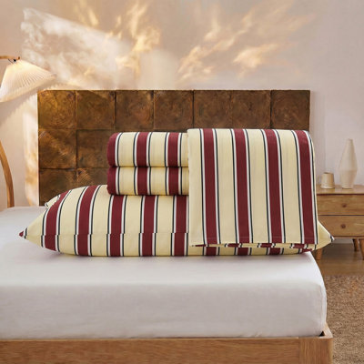 100% Cotton Sheet Set Queen Size - Burgundy & Cream Striped Bedding, Soft Breathable Percale Weave, Deep Pocket Fitted Sheet 17.5", Luxury & Silky Soft Sheet Set for All Seasons