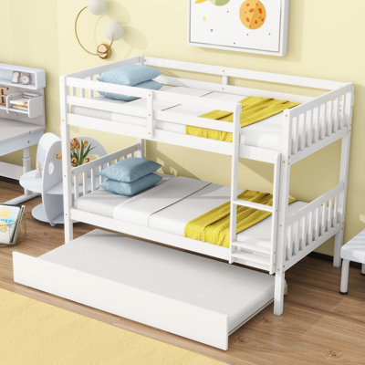 Twin Over Twin Bunk Bed with Trundle, Solid Rubber Wood Convertible Beds with Ladder & Safety Guardrails, White