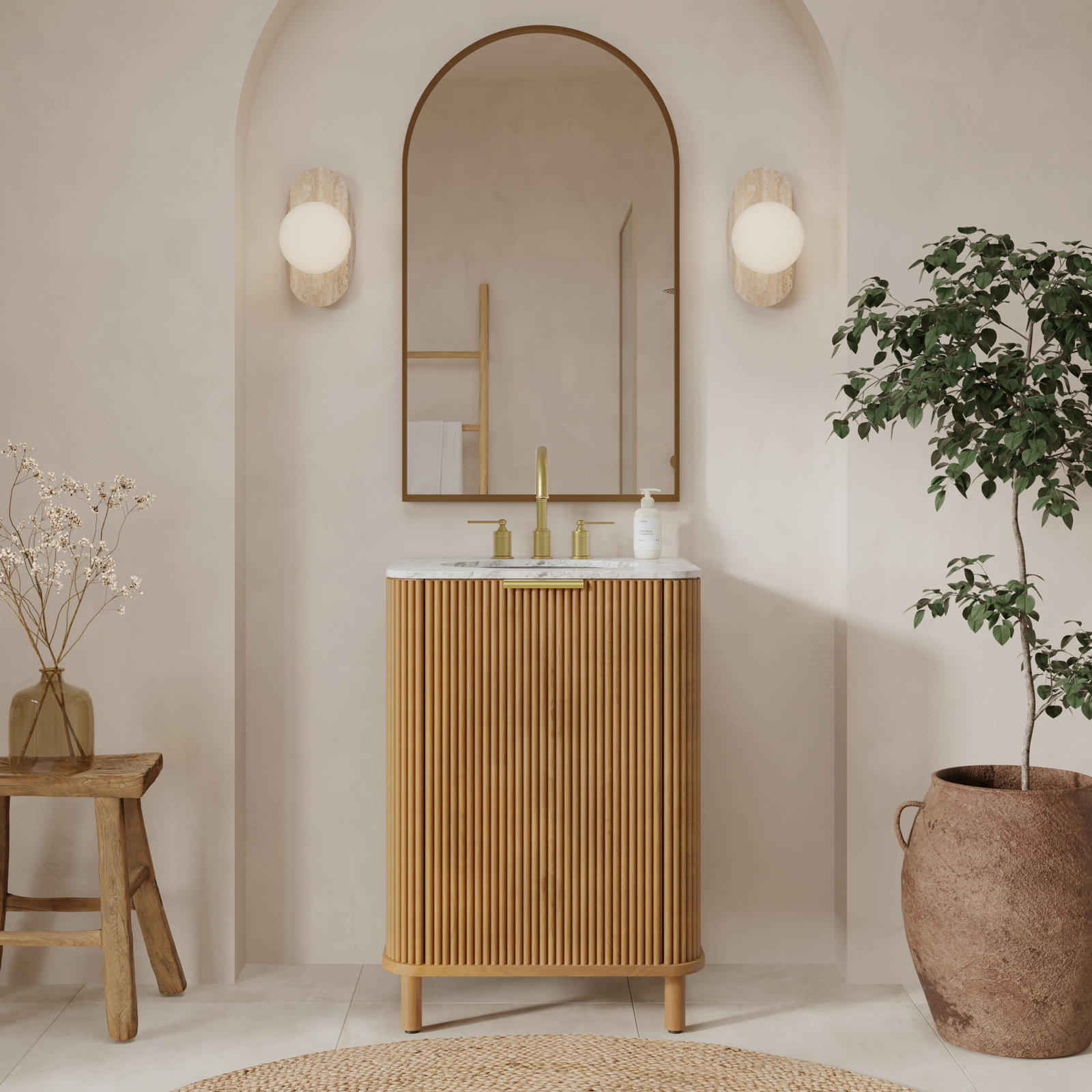 Nova 24" Marble Top Single Bathroom Vanity, Reeded Birch