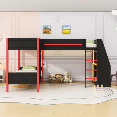 Lit superposé simple au-dessus de simple avec lit mezzanine simple, éclairage à DEL intégré, tablette et bureau