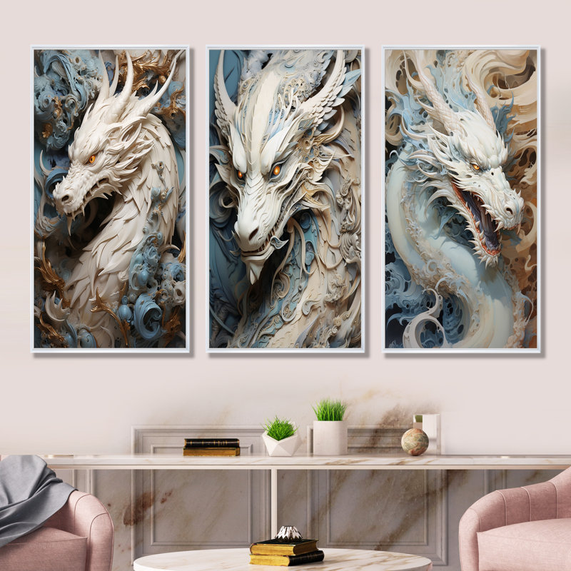 «Epic Blue and Gray Dragon Odyssey - Dragons», ensemble de 4 reproductions d'art sur toile, Cadre flottant blanc