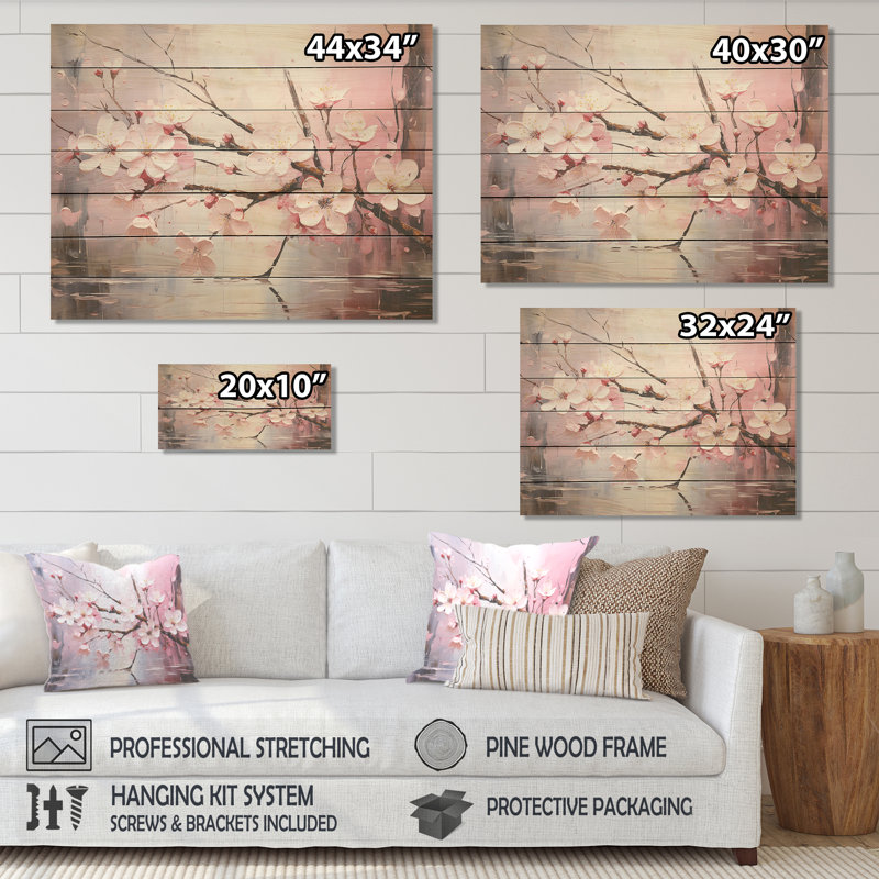Cerisier blanc et rose Bloom I - cerisier sur bois, H 10 po x l 20 po