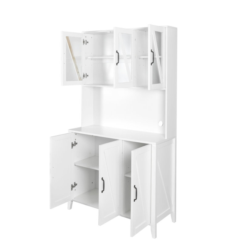 Grande armoire de rangement pour garde-manger avec portes en verre, tiroirs et tablettes ouvertes, armoire de cuisine sur pied
