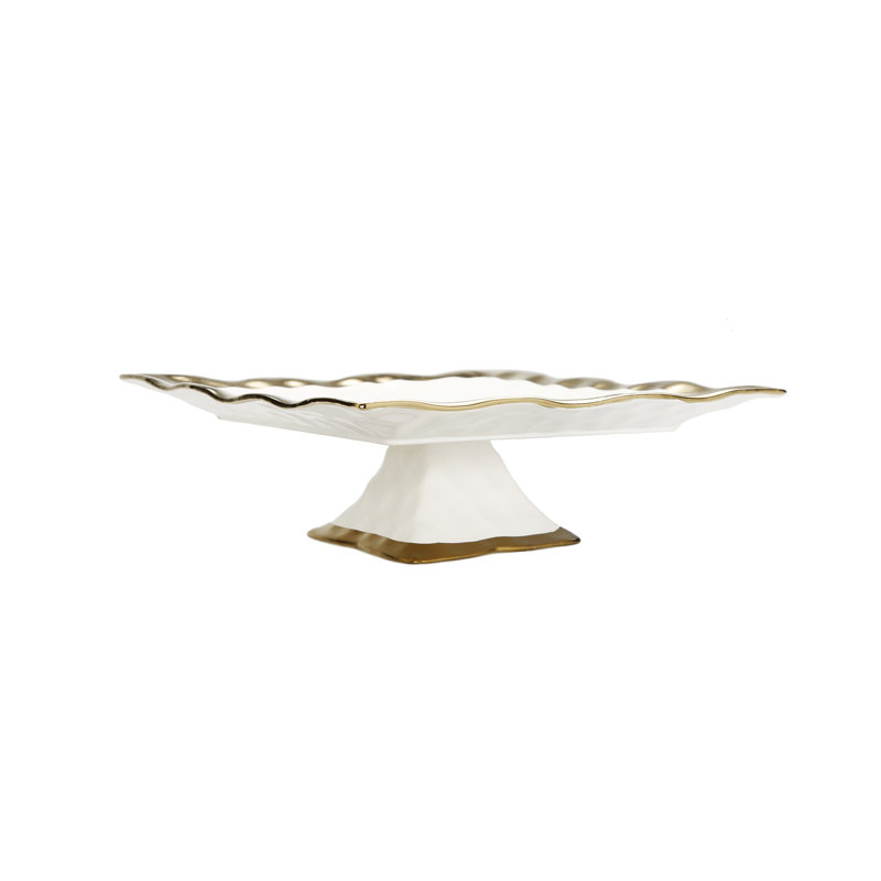 Plateau 11 "à pieds carrés en porcelaine blanche avec bordure dorée