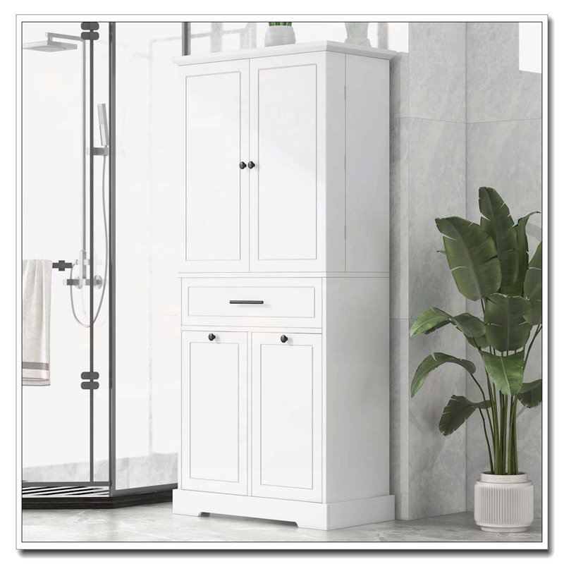 Armoire de rangement autoportante avec portes et tiroirs, panier à linge inclinable, tablette réglable, Blanc