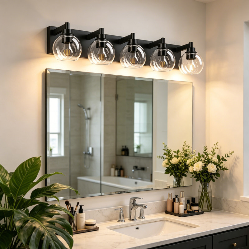 Éclairage pour meuble-lavabo noir mat avec abat-jour en verre transparent, douille E26, 5 Lights