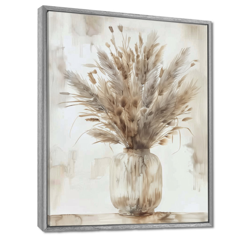 Beige blanc Boho Plant Chic I - Boho Feather Wall Art Living Room, Encadrement argenté, H 16 po x l 32 po