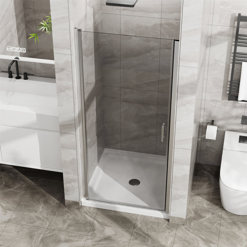 Combinaison de porte de douche avec base de douche en acrylique, conception en verre trempé semi-sans cadre, Argenté / blanc