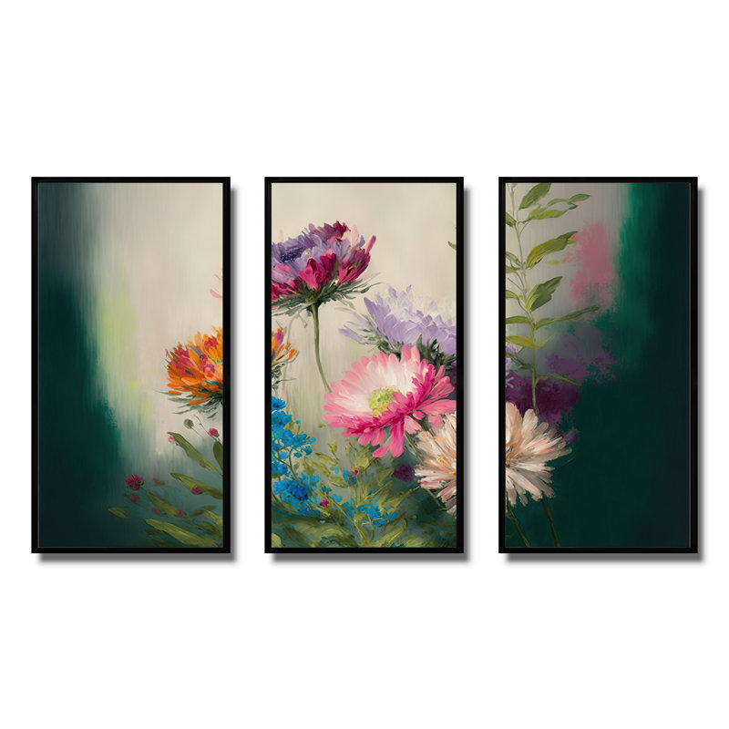 «Painted Blossoming Wildflowers II», reproduction d'art encadrée flottante sur toile 3 pièces, H 32 po x l 48 po x P 1 po