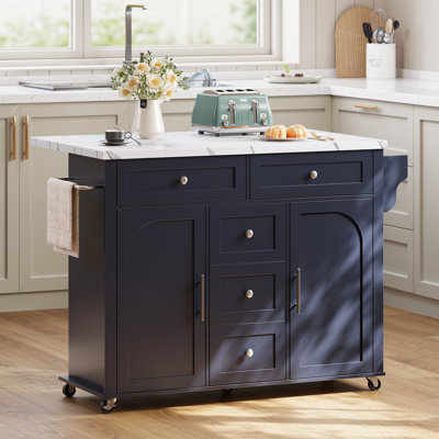 Îlot de cuisine roulant en bois avec faux marbre, chariot de rangement avec abattant et prise de courant pour la cuisine, la salle à manger