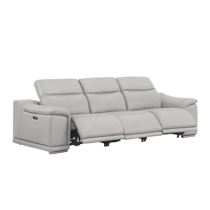 Genuine Leather Sofa With 3 Power Recliners, Light Gray