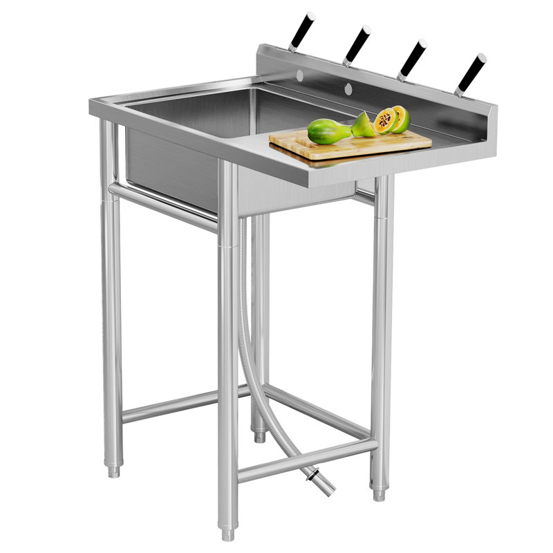 Freestanding Stainless Steel Utility Sink, 91.4 x 53.3 x 101.6 cm/36 x 21 x 40 in, Single Bowl with Worktop, Backsplash and Shelves, Silver
