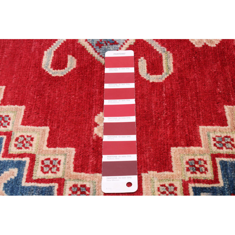 Tapis rouge en laine noué à la main de conception unique 6 pi 9 po x 9 pi 8 po New Age