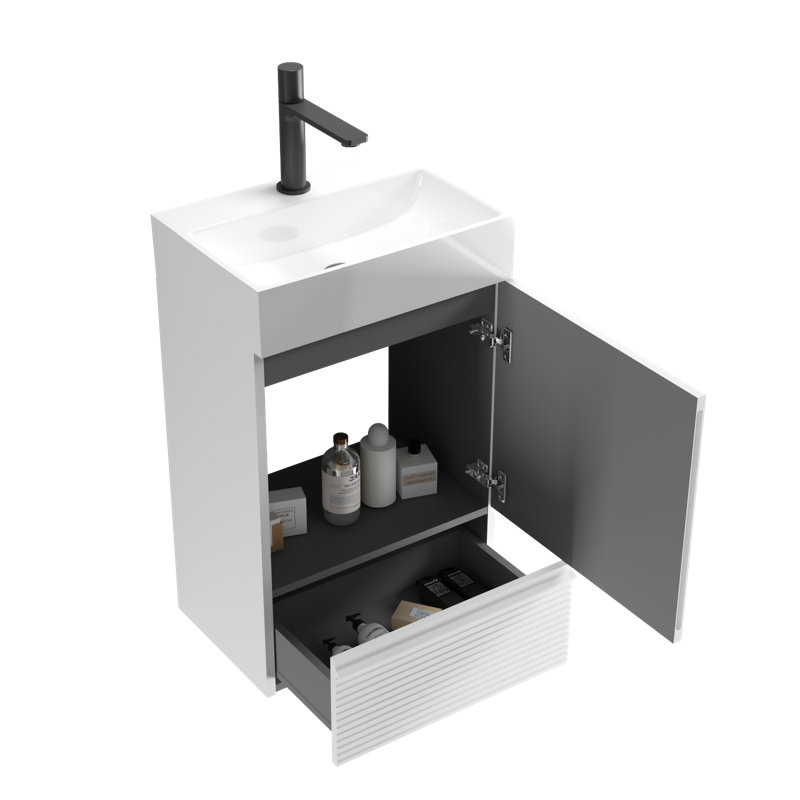 Meuble-lavabo rayé avec lavabo en céramique, Blanc