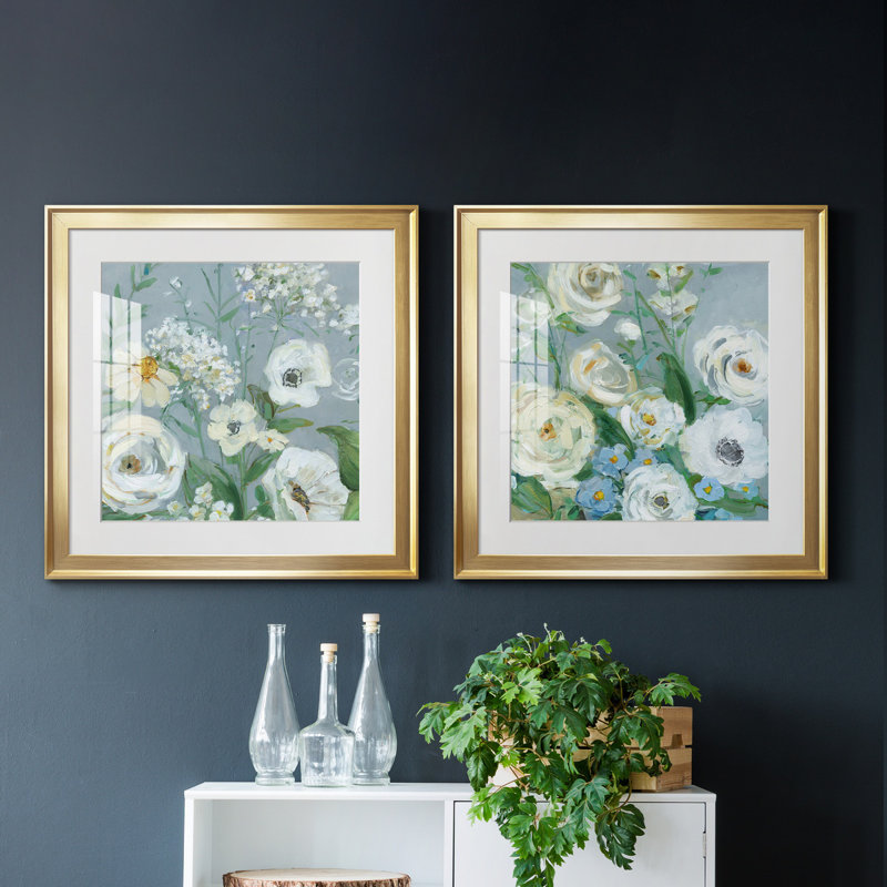Painterly Garden I - Ensemble de 2 peintures sur papier encadrées, Blanc, Papier encadré doré, H 17,5 po x l 35 po x P 1,5 po