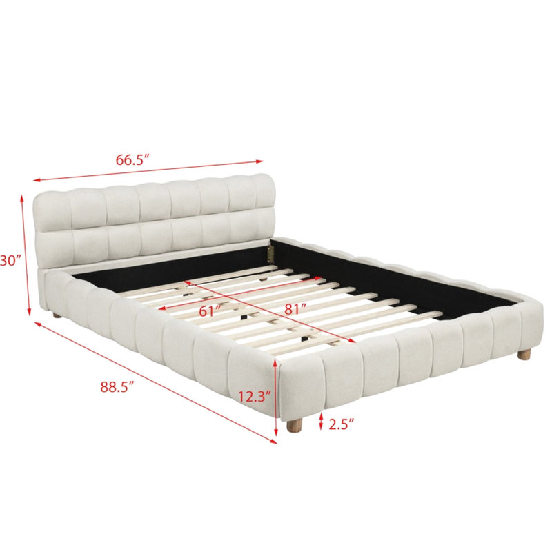 Structure de lit plateforme tapissier en tissu beige à profil bas pour chambre contemporaine, avec jute naturelle et design, assemblage requis