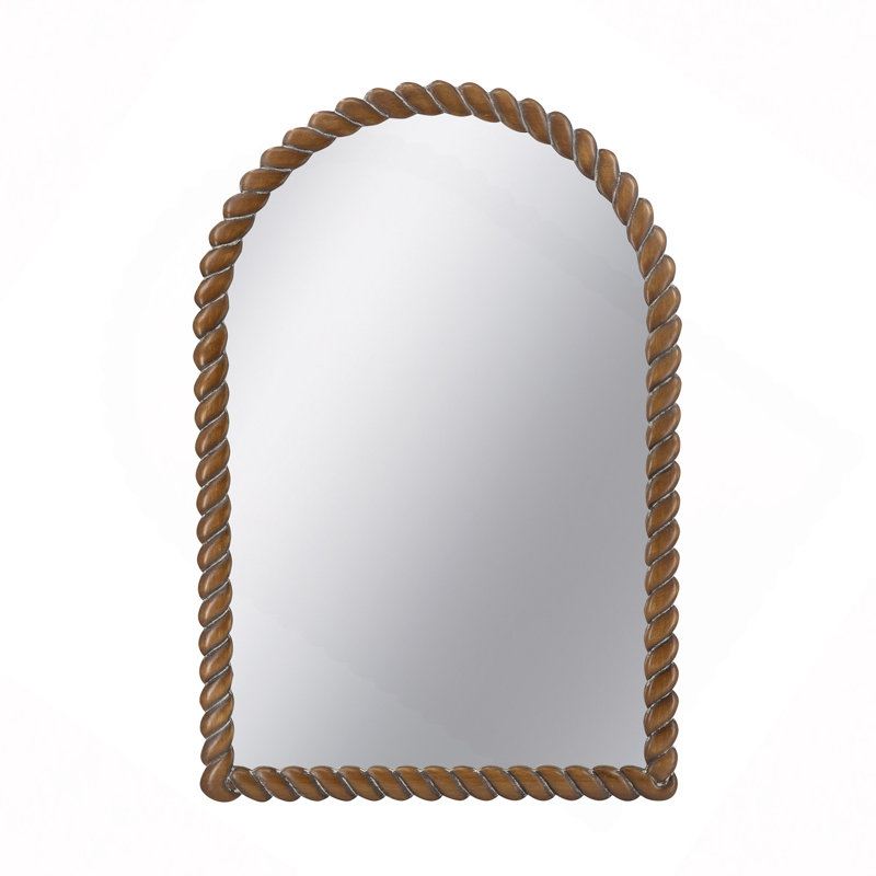 24X36" Arched Pine Wood Accent Mirror With Textured Brown Frame