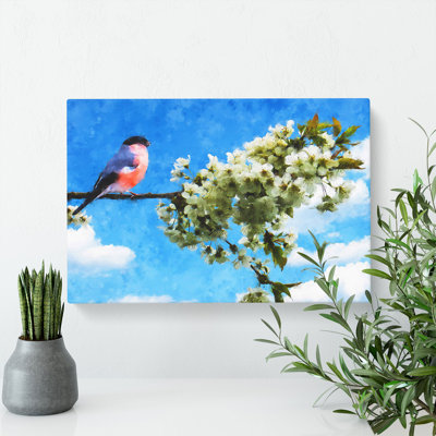 Bullfinch Bird on a Tree - Wrapped Canvas