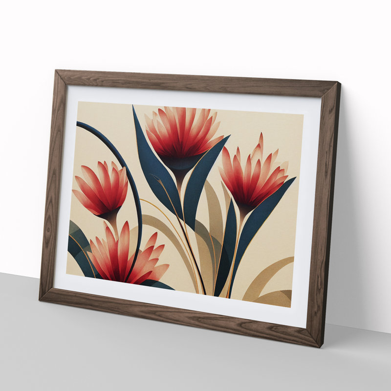Serene Flowers Deco - Framed Print, 34cm H x 46cm W x 2cm D, Walnut