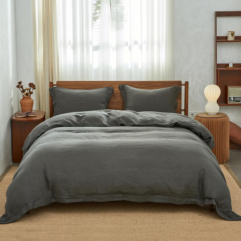 100% French Linen Pillowcase Set Of 2, Pure Flax Pillow Covers With Embroidered, Queen Pillowcase, Dark Gray