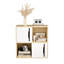 Rangement vertical compact et moderne avec portes coulissantes doubles, organisation ouverte et fermée à 2 niveaux, esthétique en bois naturel blanc pour toute pièce: étagères en bois