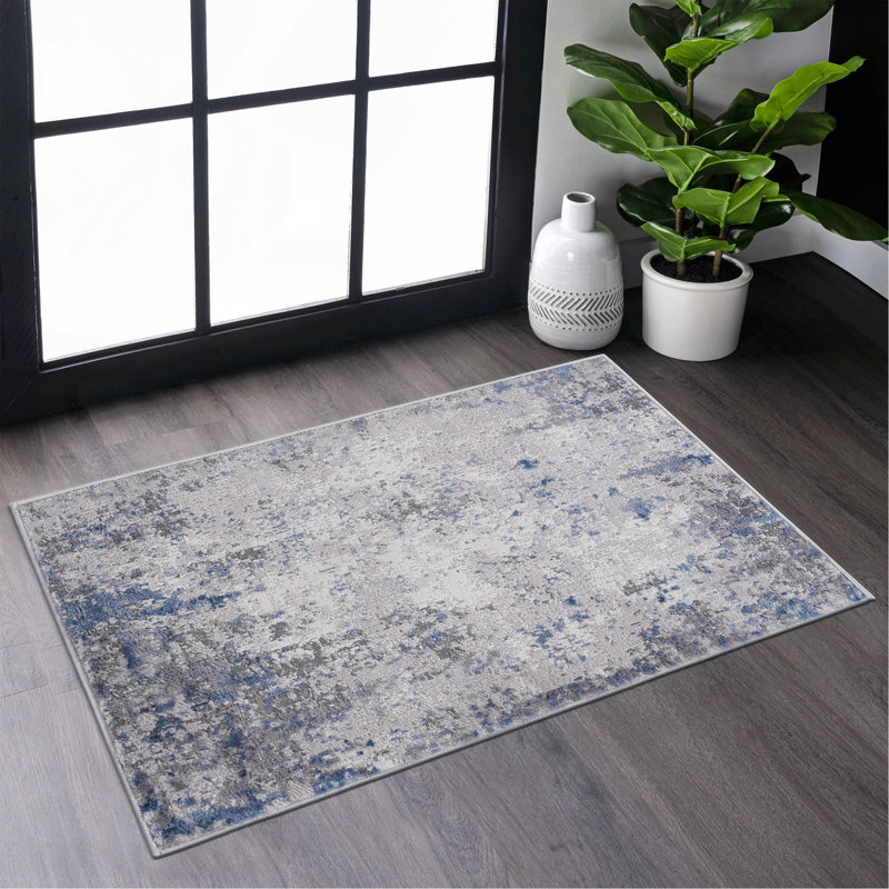  Tapis de couloir argent / bleu / abstrait, Rectangulaire 2 pi x 3 pi