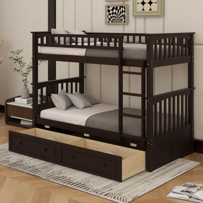 Twin Over Twin Size Solid Wood Bunk Bed Frame (Detachable) With 2 Storage Drawers