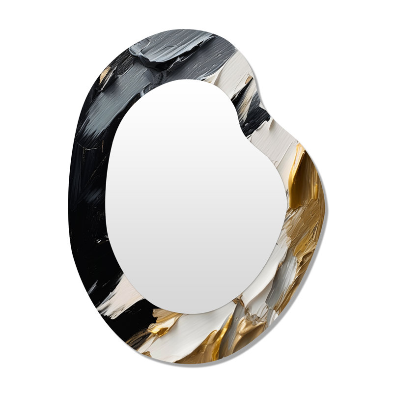 Golden Wave Reflections V - miroir décoratif asymétrique abstrait, miroir mural de forme irrégulière noire, impression d'art en métal
