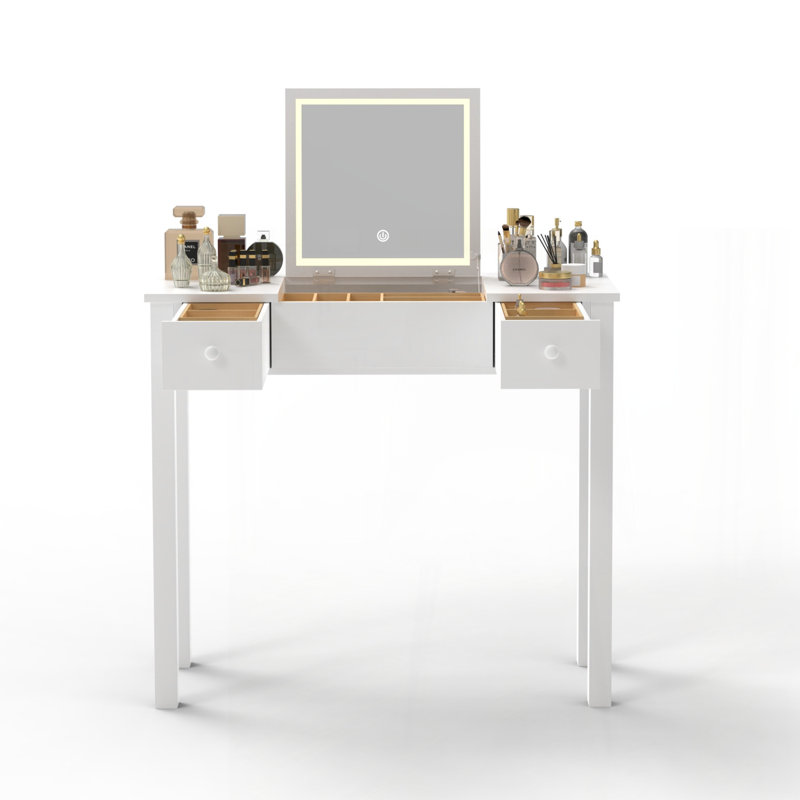 Petite coiffeuse, bureau de commode avec 2 tiroirs, organisateur de miroir rabattable, coiffeuse de maquillage pour chambre à coucher, vestiaire