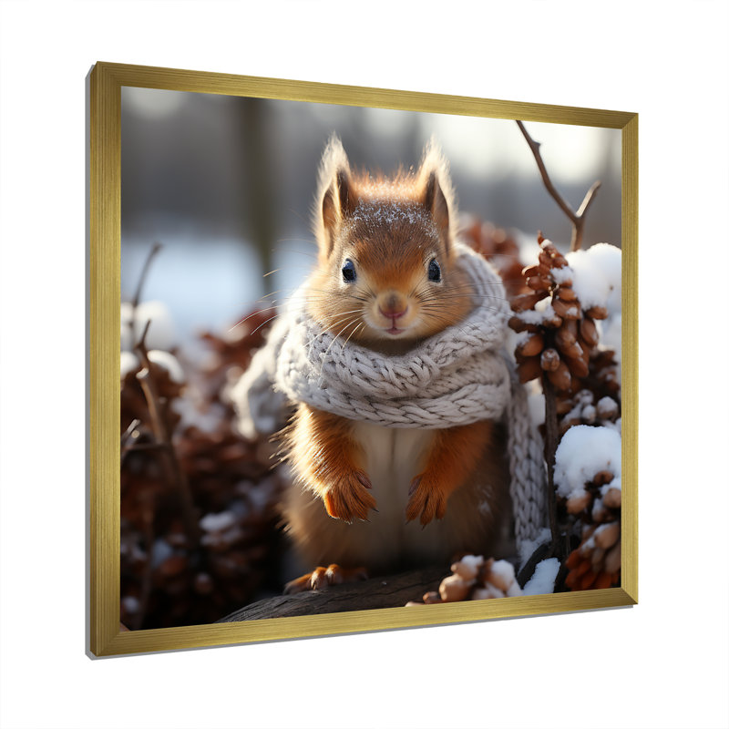 Mignon écureuil avec écharpe dans la neige I - art mural écureuil, Cadre doré simple, H 36 po x l 36 po x P 1,5 po