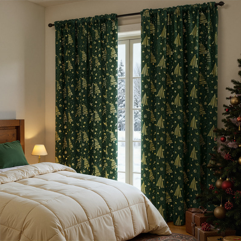 Christmas Curtains,Thermal Insulated Blackout Velvet Curtains, Noise Reducing Window Drapes Christmas Decorations, Printed Pattern Window Curtains