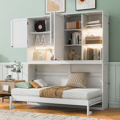 Lit escamotable mural avec armoire supérieure, tablettes