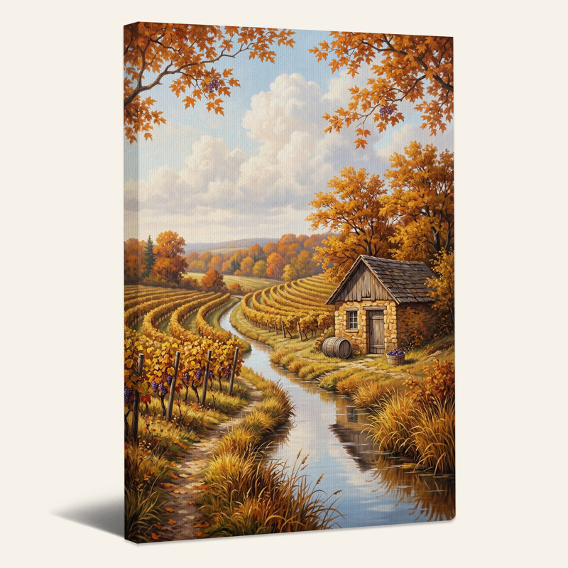 Tableau sur toile représentant un vignoble d'automne avec une maison en pierre et un ruisseau, H 24 po x l 18 po