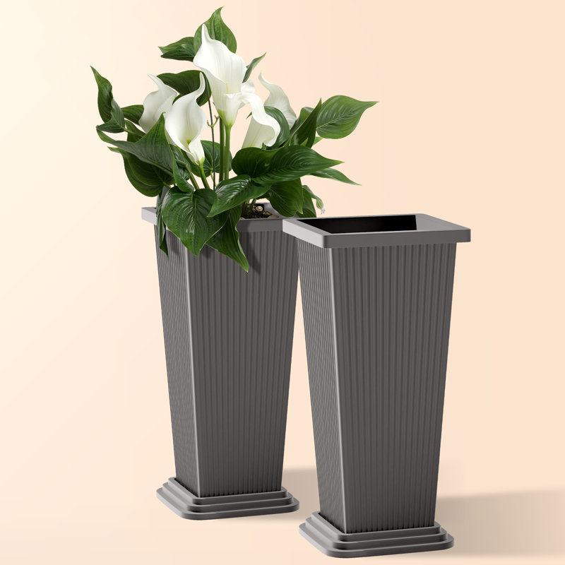 Tall Tapered Plastic Planter Set of 2 with Tray – 24"H Large Indoor & Outdoor Planters for Porch, Patio, Backyard – Grey