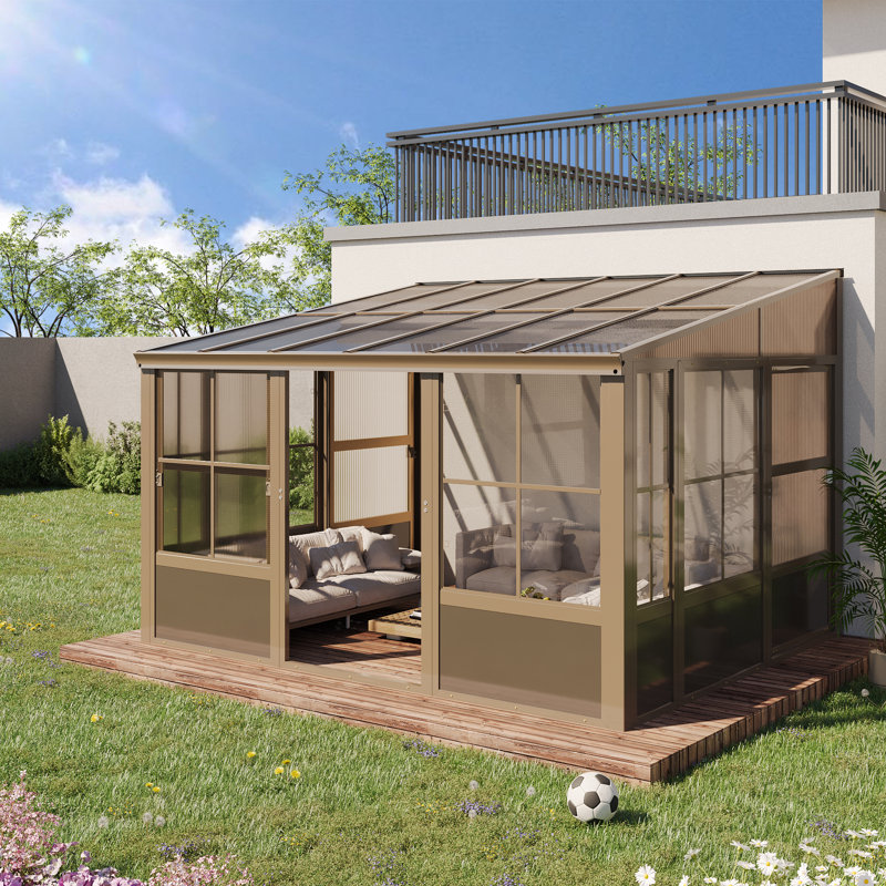 10 Ft. W X 12 Ft. D Wall Mounted Gazebo, All-season Aluminum Patio Gazebo With  Side Door, Outdoor Permanent Sunroom, Brown
