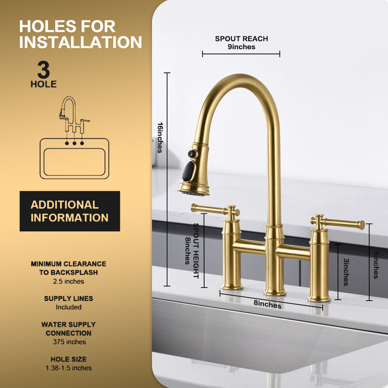 ORLANDO Pull-Down Bridge Kitchen Faucet, Two Handle Kitchen Sink Faucet, Brushed Gold