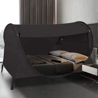 Portable Queen-Size Pongee Bed Canopy with 2 LED Lights - Simple Installation, Portable 90% Blackout Shelter, Ventilated with Double Entry, Boosts Bedroom Privacy and Decor