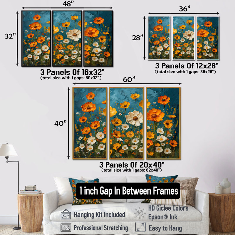 Jaune jaune blanc Summer Meadow Marigolds II - ensemble de décorations murales souci, Toile avec cadre flottant brun