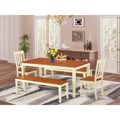 L'ensemble de table de salle à manger 5 pièces pour 4 personnes comprend une table de cuisine rectangulaire avec rallonge papillon et 2 chaises de salle à manger avec 2 bancs, babeurre et cerise