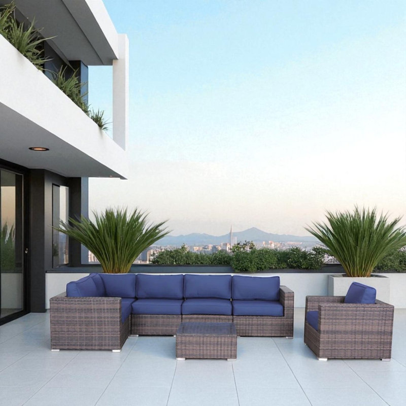 Canapé modulaire de luxe en rotin 7 pièces avec coussins