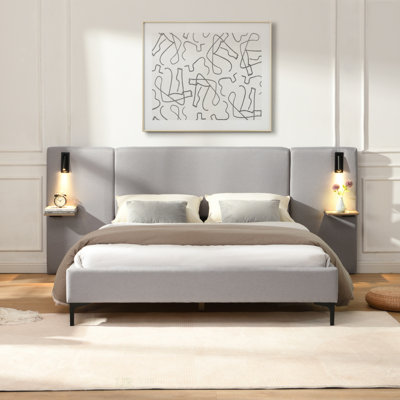 Lit tapissier chic en lin avec lumières et tablettes intégrées, gris, grand, parfait pour les intérieurs modernes et rustiques