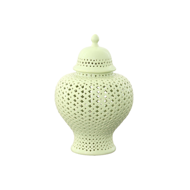 Ceramic Round Pierced Ginger/temple Jar Lg Gloss Finish Sage