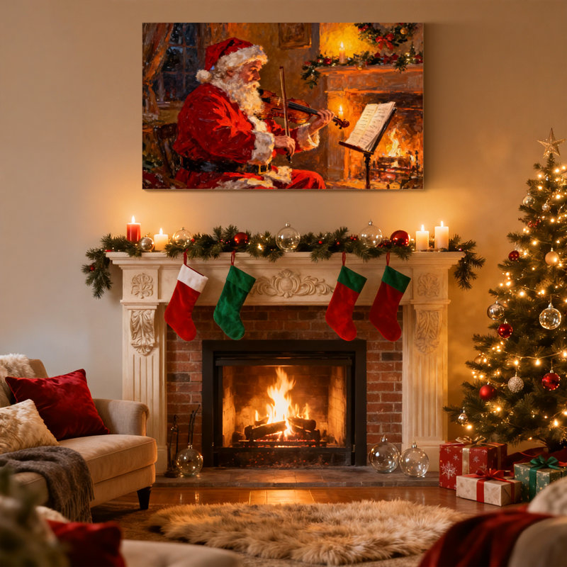 Ensemble de 3 reproductions d'art sur toile, "Christmas Santa jouant du violon au coin du feu", H 16 po x l 24 po