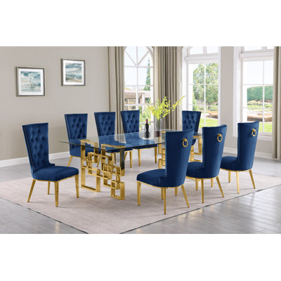 Ensemble de salle à manger rectangulaire en verre transparent avec chaises en velours L 95 po x l 46 po Borel