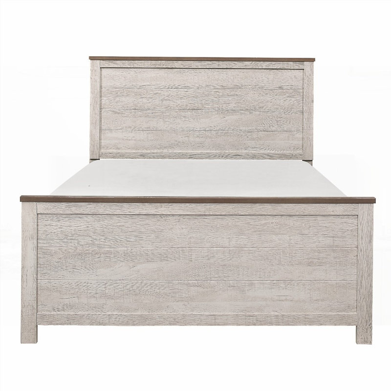 Grand lit à panneau 1pc - style rustique transitionnel, finition bicolore (blanc antique et brun), aucun sommier requis, solide Durable