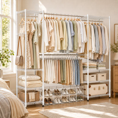71.7" - 94" W Expandable Freestanding Closet Organizer, Heavy-Duty Garment Rack with 8 Adjustable Shelves and 4 Hanging Rods, 800 lbs Capacity